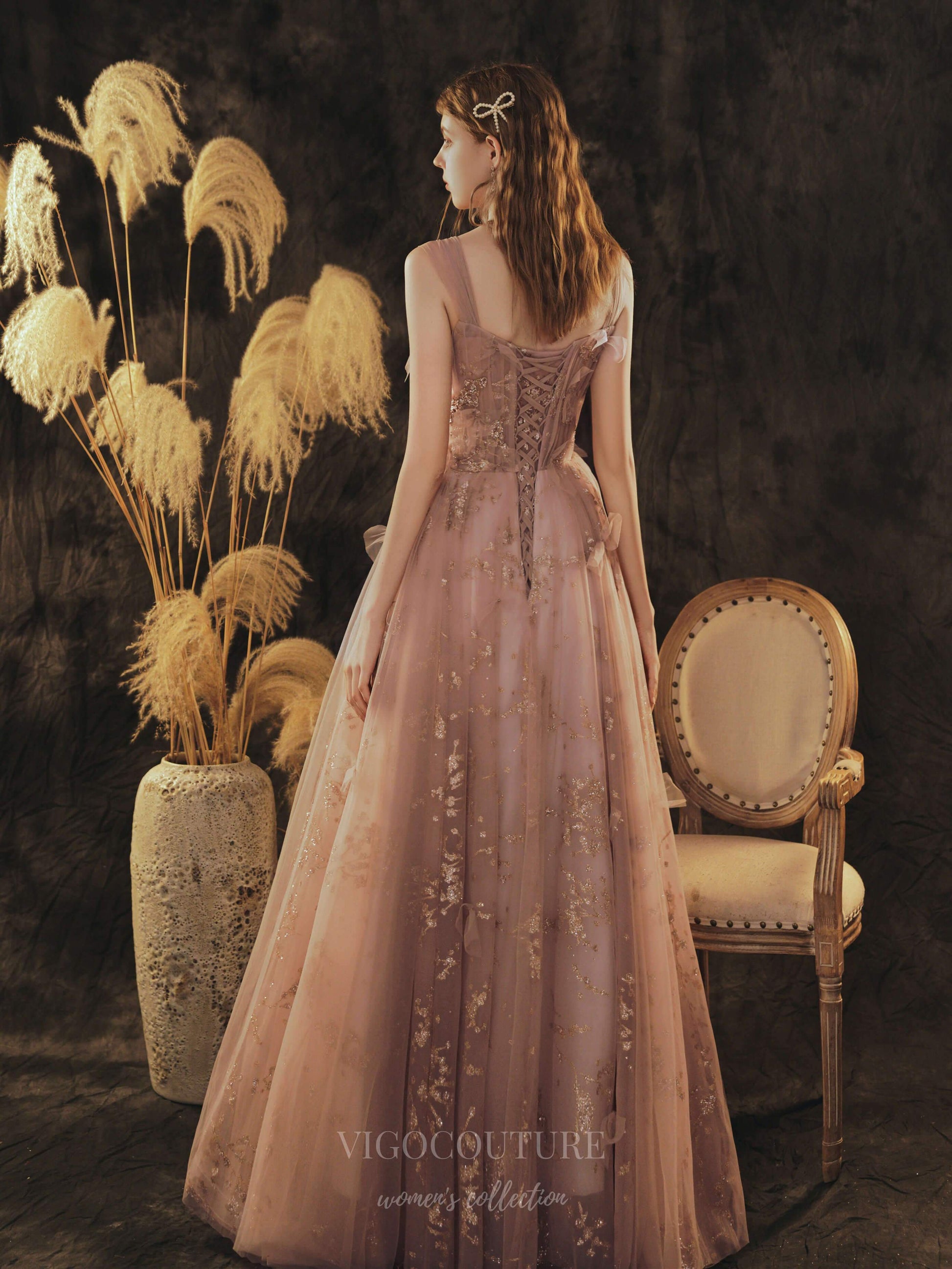 blush and gold prom dress Long Fit & Flare Corset Prom Dress with Rose Gold Glitter Print