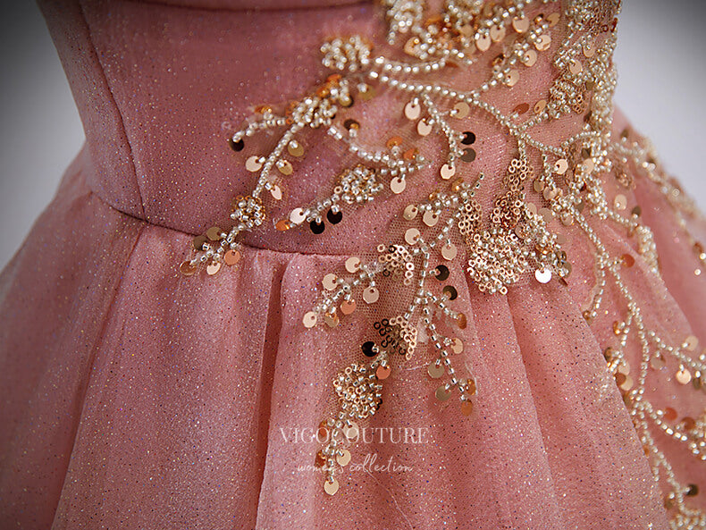 Prom Dress 2025 Blush Sparkly Tulle Prom Dresses Puffed Sleeve Formal Dresses 21347-unique elegant Prom Dresses-Blush-US2-vigocouture