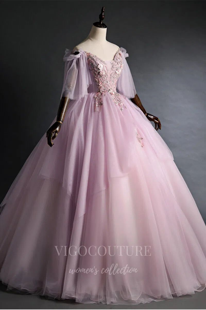 vigocouture-Blush Tiered Lace Applique Sweet 16 Dresses Off the Shoulder Ball Gown 20472-Prom Dresses-vigocouture-