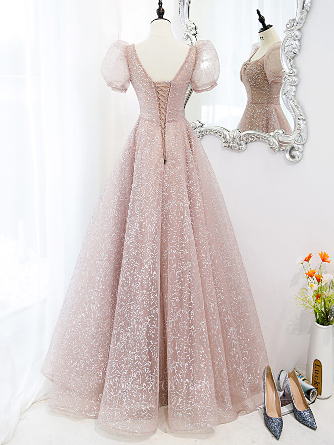 Prom Dress 2025 Blush Tulle Puffed Sleeve Prom Dress 20896-unique elegant Prom Dresses-Blush-Custom Size-vigocouture