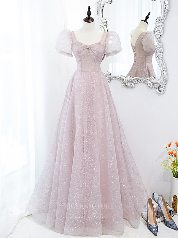 Prom Dress 2025 Blush Tulle Puffed Sleeve Prom Dress 20896-unique elegant Prom Dresses-Blush-Custom Size-vigocouture