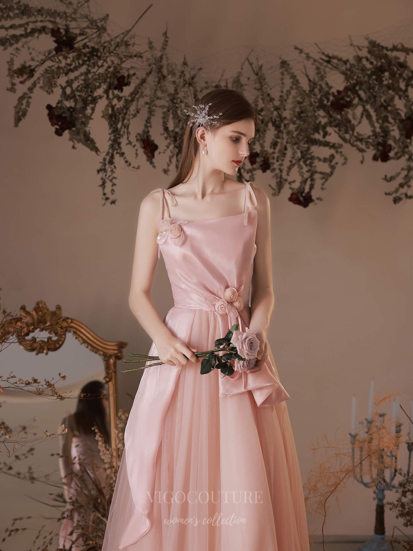 Prom Dress 2025 Blush Tulle Spaghetti Strap Floral Prom Dress 20737-unique elegant Prom Dresses-Blush-US2-vigocouture