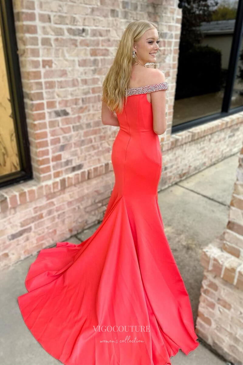 Prom Dress 2025 Bright Red Mermaid Satin Prom Dresses Beaded Off the Shoulder 24202-unique elegant Prom Dresses-Red-Custom Size-vigocouture