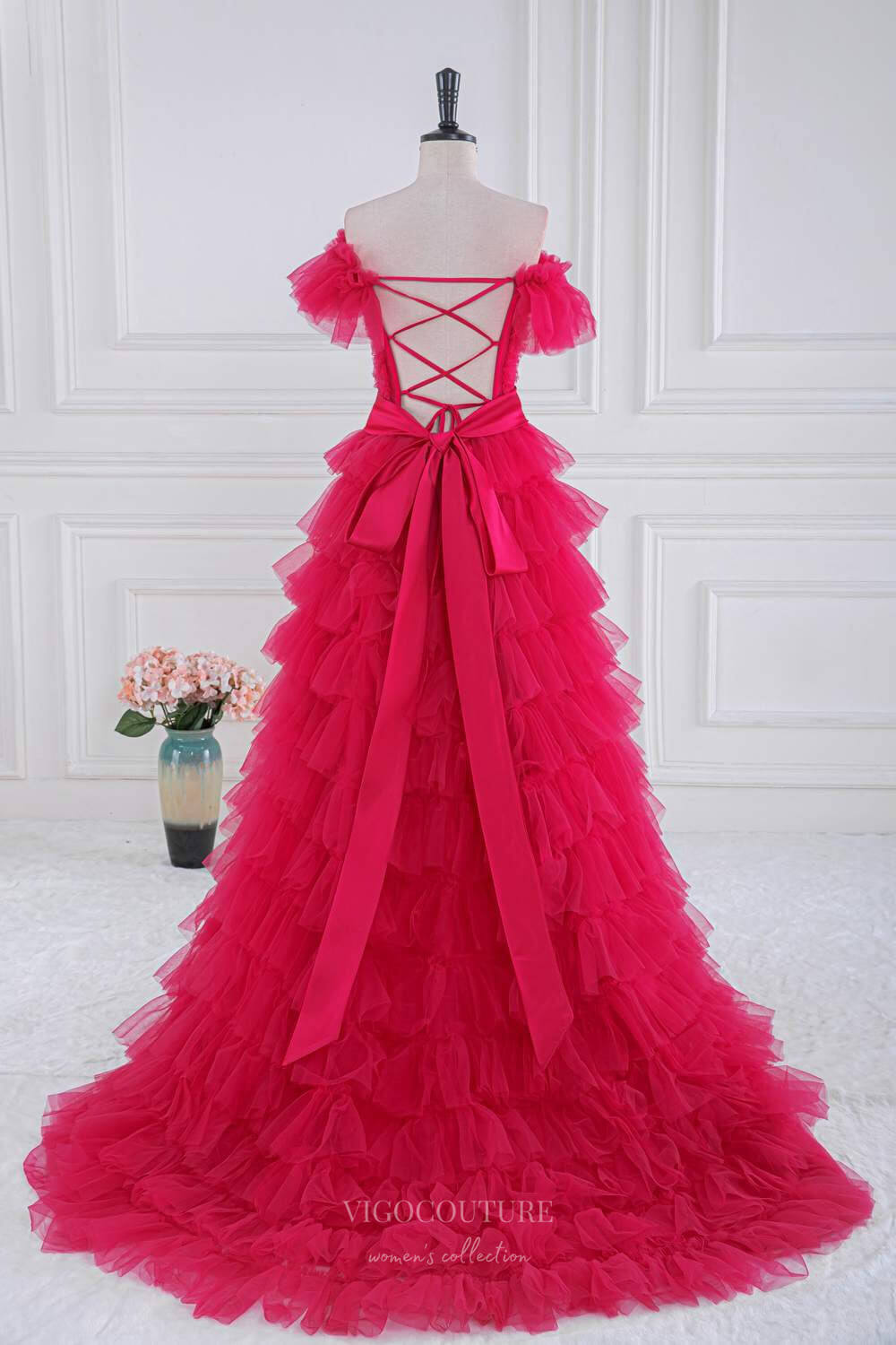 Bright Red Tiered Ruffled Prom Dresses Off the Shoulder Formal Gown 24362 Red / 26W Bright Red Tiered Ruffled Prom Dresses Off the Shoulder Formal Gown 24362 Red / 26W