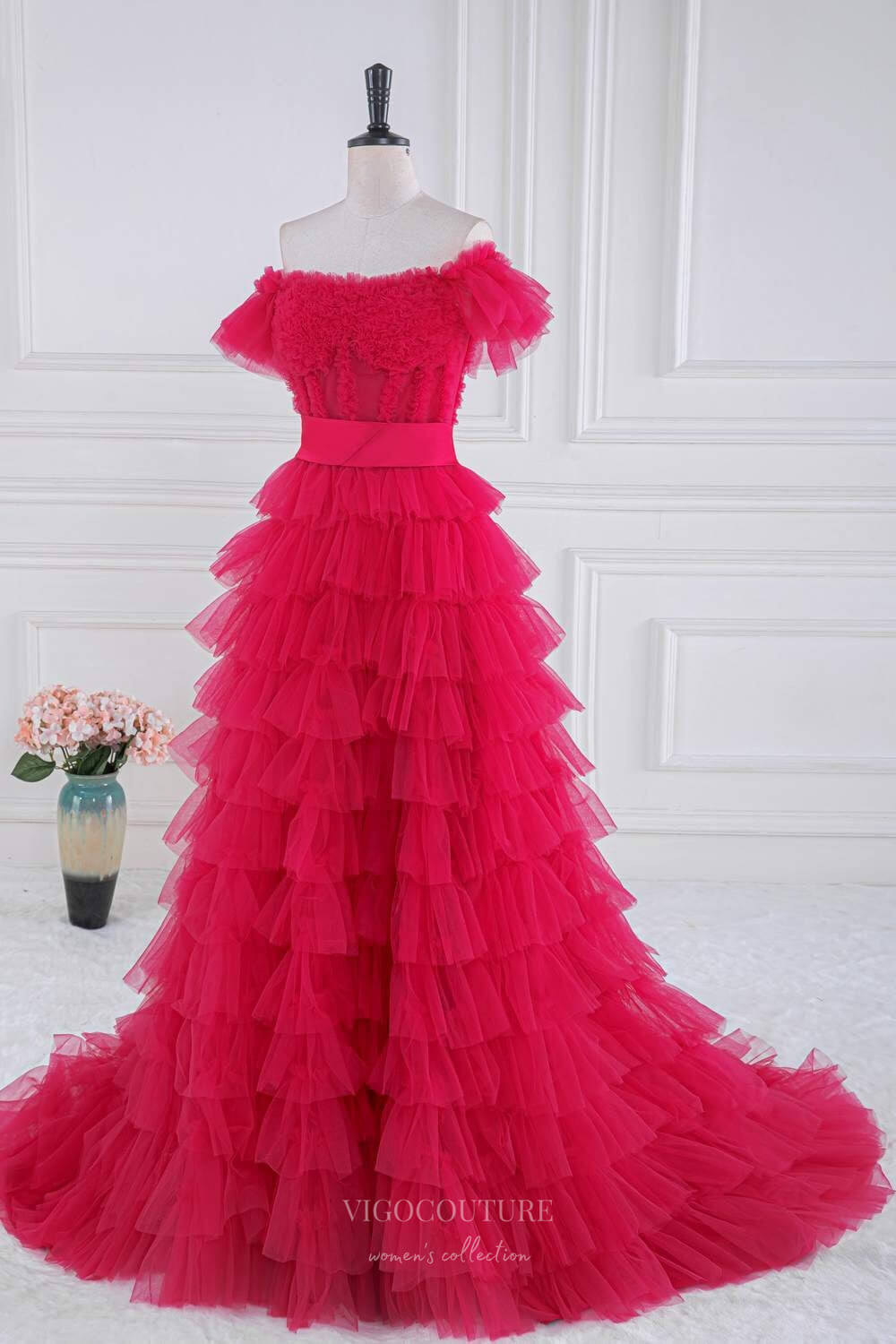 Prom Dress 2025 Bright Red Tiered Ruffled Prom Dresses Off the Shoulder Formal Gown 24362-unique elegant Prom Dresses-Red-Custom Size-vigocouture