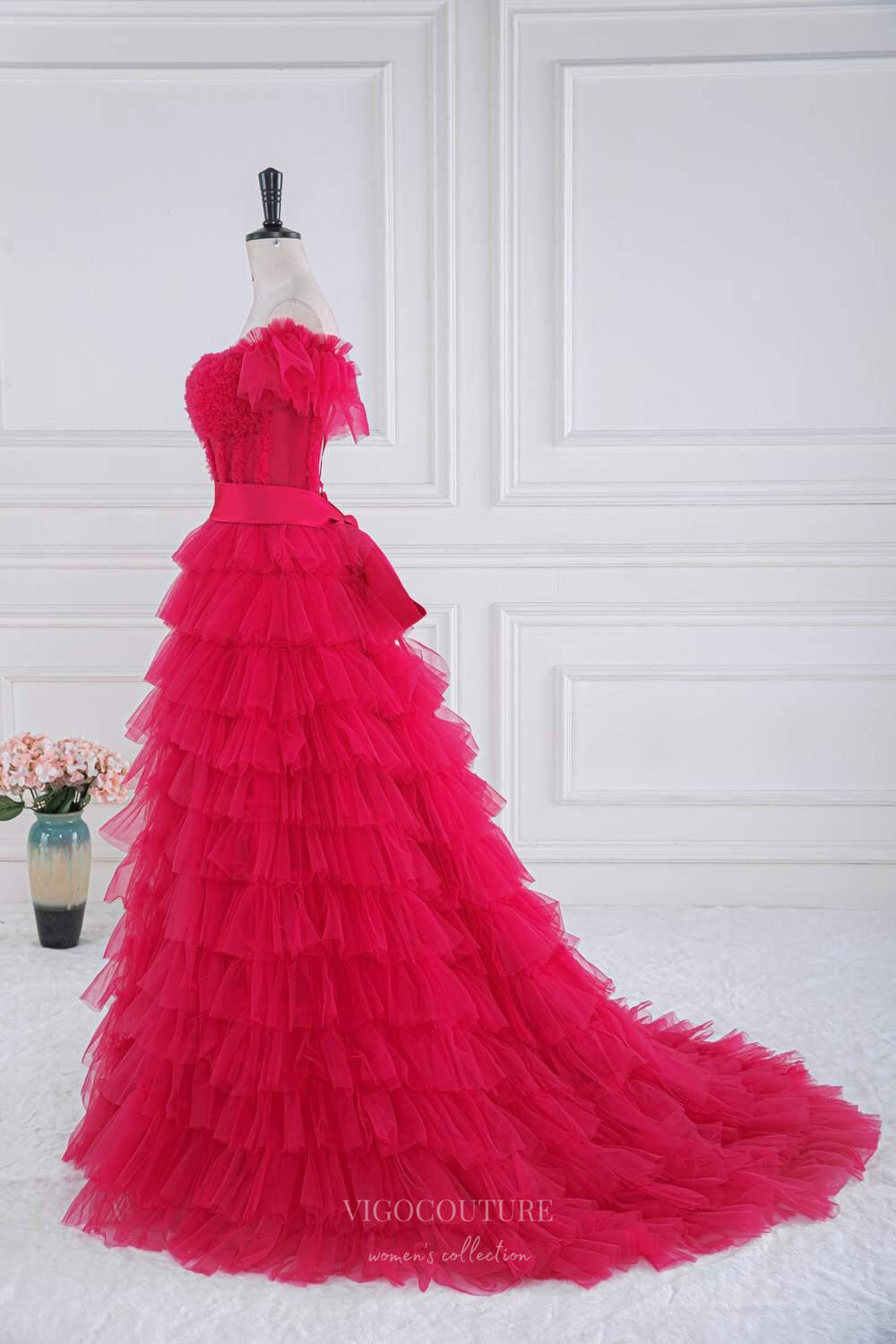 Red Ruffle Prom Dress Bright Red Tiered Ruffled Prom Dresses Off the Shoulder Formal Gown 24 ...