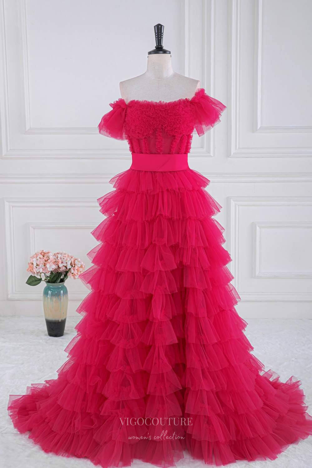 Prom Dress 2025 Bright Red Tiered Ruffled Prom Dresses Off the Shoulder Formal Gown 24362-unique elegant Prom Dresses-Red-Custom Size-vigocouture