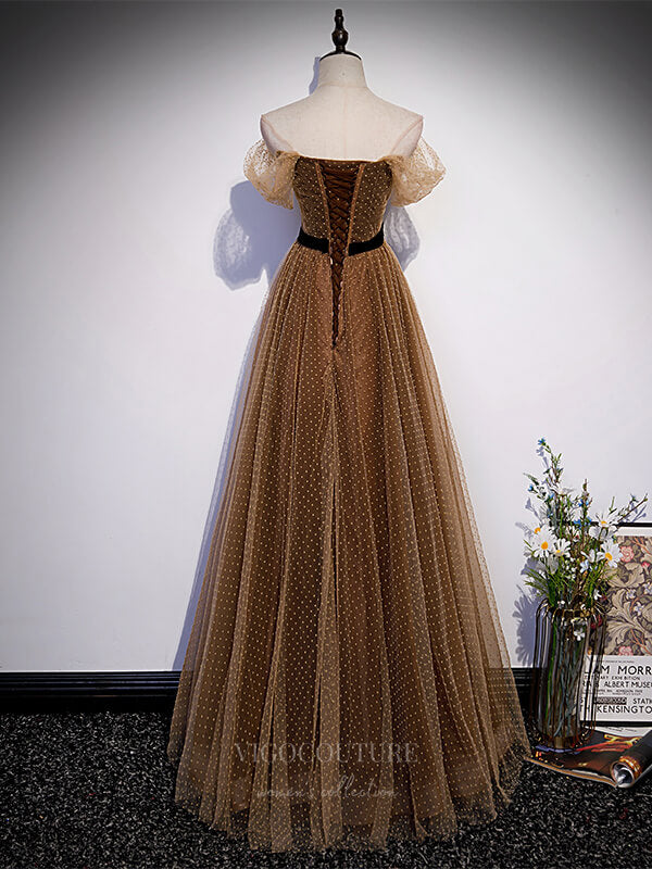 Prom Dress 2025 Brown Dotted Tulle Off the Shoulder Prom Dress 20901-unique elegant Prom Dresses-Brown-Custom Size-vigocouture