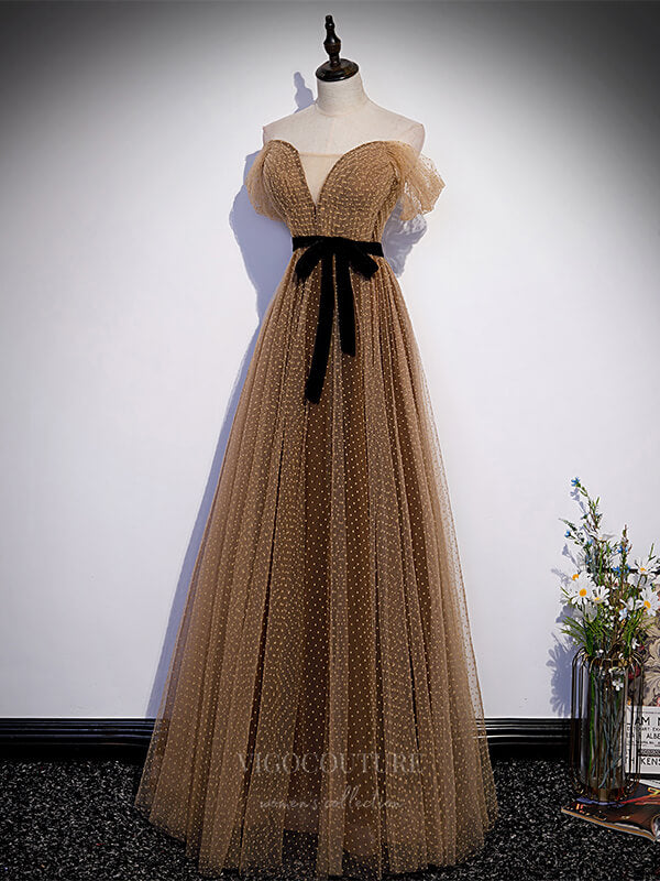 Brown Dotted Tulle Off the Shoulder Prom Dress 20901 vigocouture Brown Dotted Tulle Off the Shoulder Prom Dress 20901 vigocouture