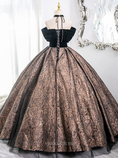 Brown Jacquard Prom Dresses with Velvet Bodice, Corset Back, Off the S – vigocouture
