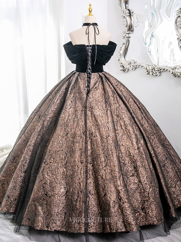 Prom Dresses 2025 to impress Brown Jacquard Prom Dresses with Velvet Bodice, Corset Back, Off the Shoulder Quinceanera Dresses BG005-vigocouture-vigocouture