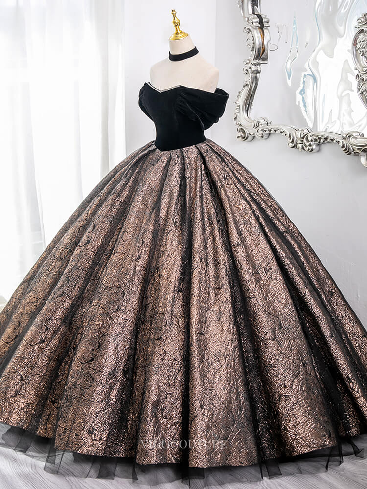 Prom Dresses 2025 to impress Brown Jacquard Prom Dresses with Velvet Bodice, Corset Back, Off the Shoulder Quinceanera Dresses BG005-vigocouture-vigocouture