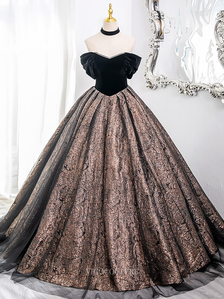Brown Jacquard Prom Dresses with Velvet Bodice, Corset Back, Off the S – vigocouture