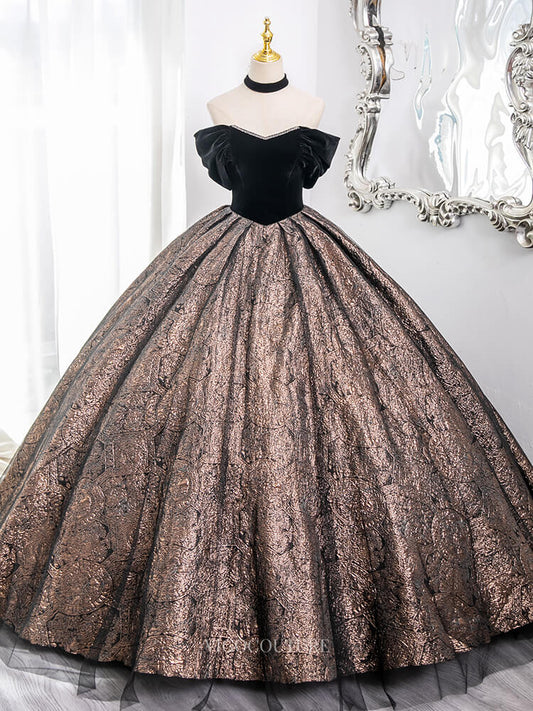 Prom Dresses 2025 to impress Brown Jacquard Prom Dresses with Velvet Bodice, Corset Back, Off the Shoulder Quinceanera Dresses BG005-vigocouture-Brown-Custom Size-vigocouture