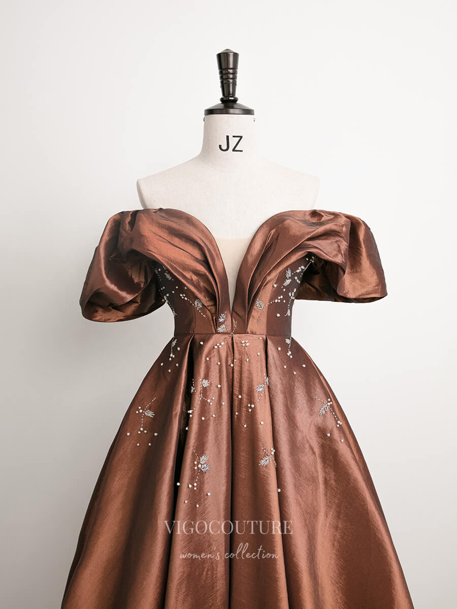 Prom Dress 2025 Brown Off the Shoulder Prom Dresses Plunging V-Neck Maxi Dresses 21028-unique elegant Prom Dresses-Brown-Custom Size-vigocouture