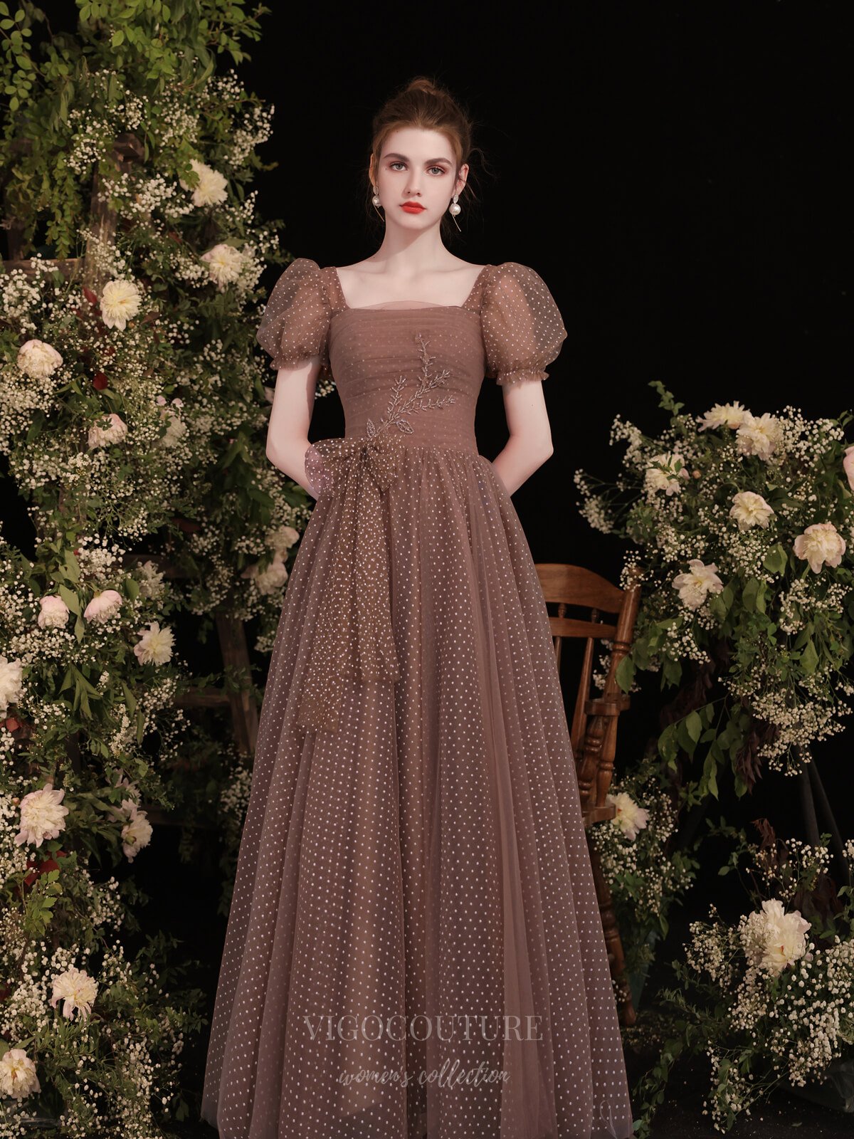 Prom Dress 2025 Brown Puffed Sleeve Dotted Tulle Prom Dress 20729-unique elegant Prom Dresses-Brown-US2-vigocouture