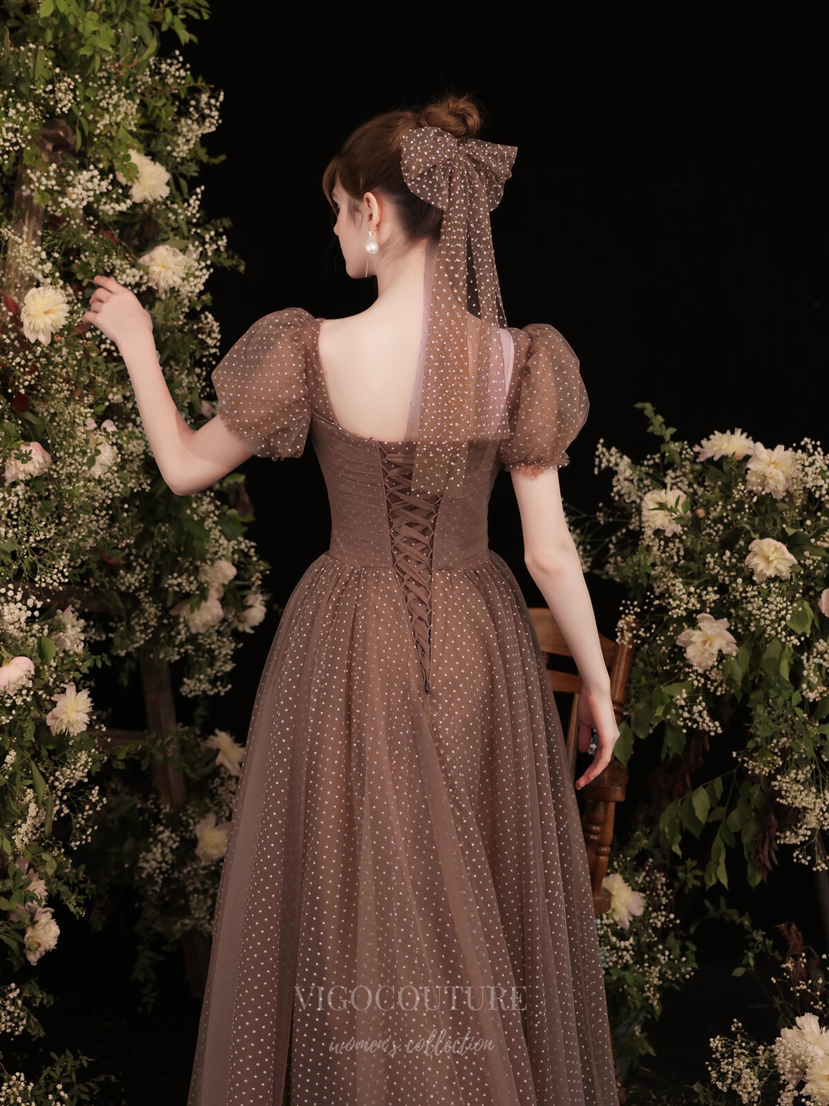 Brown Puffed Sleeve Dotted Tulle Prom Dress 20729 Brown / US4 Brown Puffed Sleeve Dotted Tulle Prom Dress 20729 Brown / US4