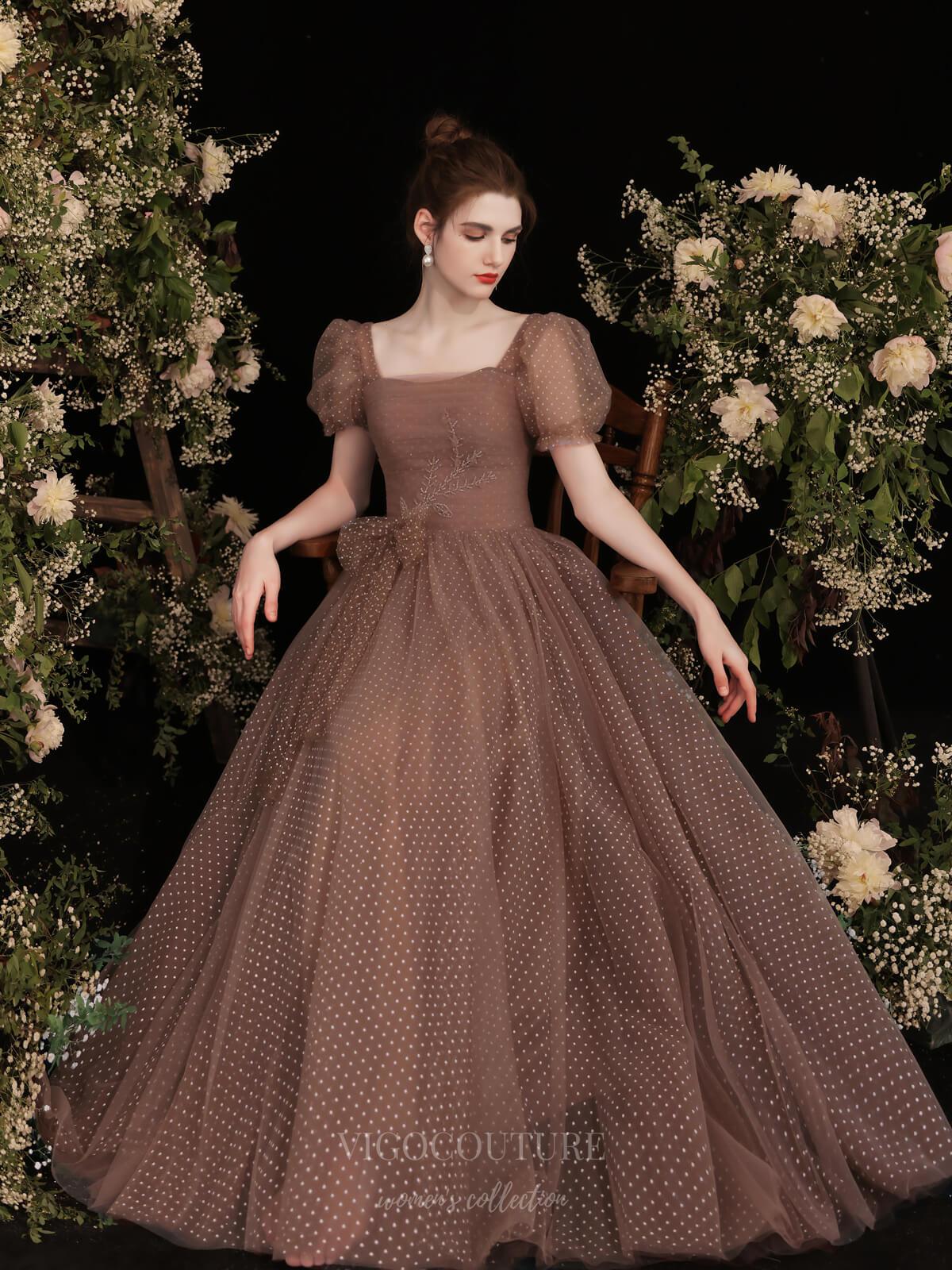 Prom Dress 2025 Brown Puffed Sleeve Dotted Tulle Prom Dress 20729-unique elegant Prom Dresses-Brown-US2-vigocouture