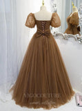 Prom Dress 2025 Brown Puffed Sleeve Prom Dress 2022 Dotted Tulle Party Dress 20523-unique elegant Prom Dresses-Brown-US2-vigocouture