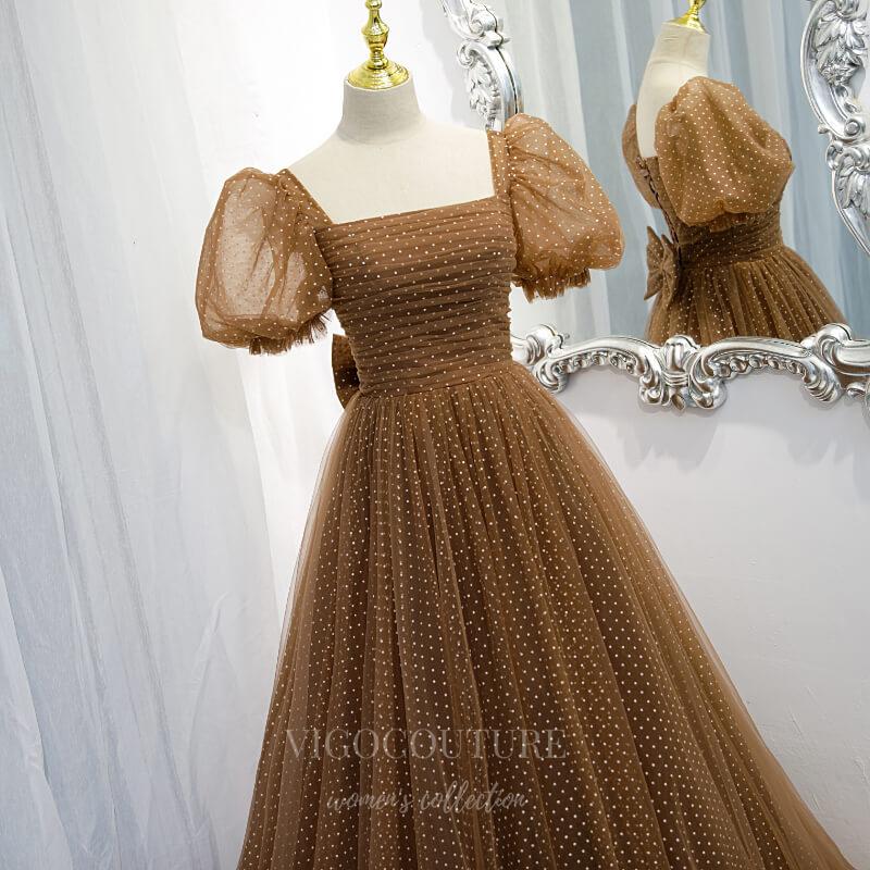 Prom Dress 2025 Brown Puffed Sleeve Prom Dress 2022 Dotted Tulle Party Dress 20523-unique elegant Prom Dresses-Brown-US2-vigocouture