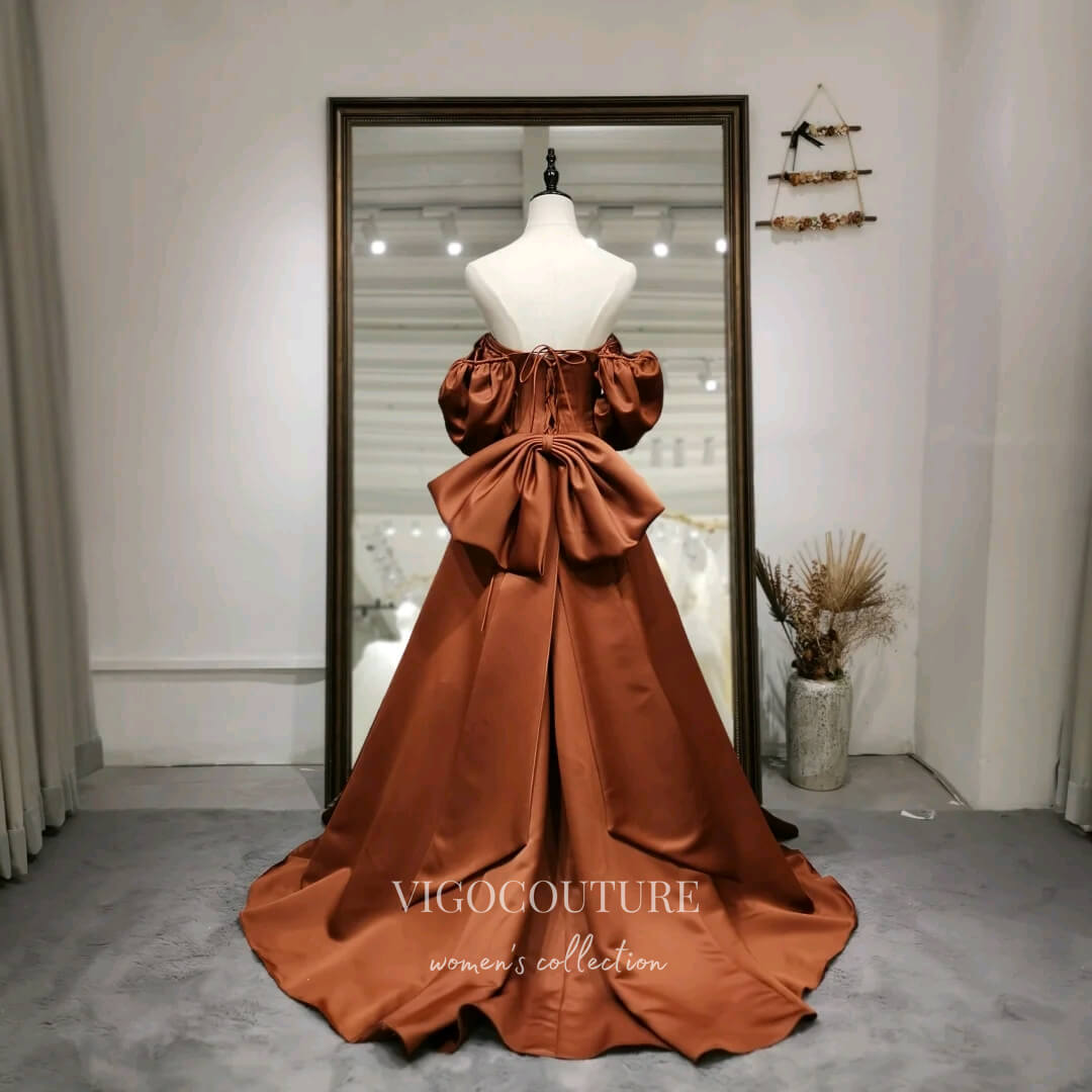 brown silk prom dress Elegant Off the Shoulder Brown Long Prom Dress with High Slit, Off Shoulder Brown Formal Dress, Brown Evening Dress A1886