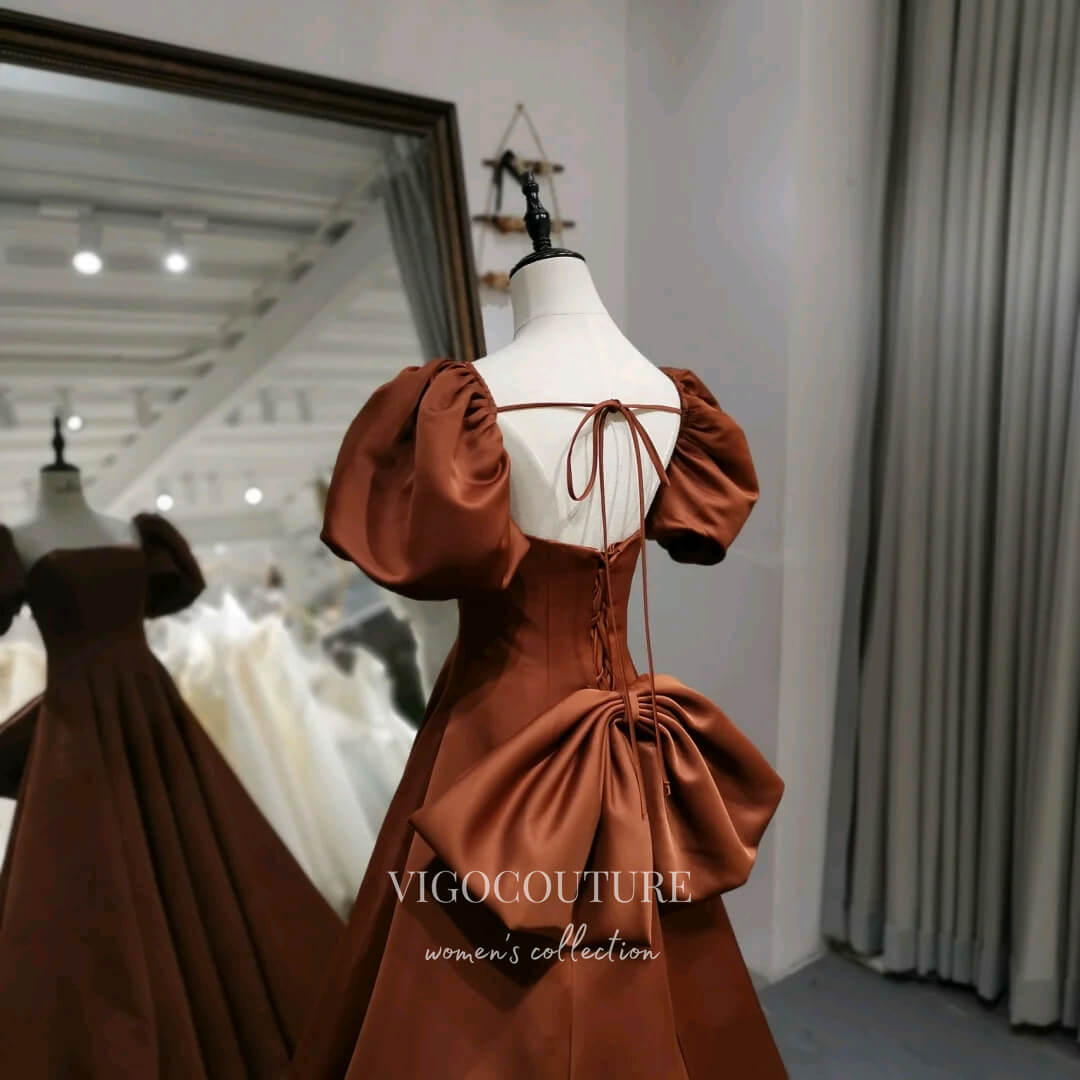 bow sleeve prom dress Satin Puffy Sleeve Ball Gown Bow Beading Prom Dress