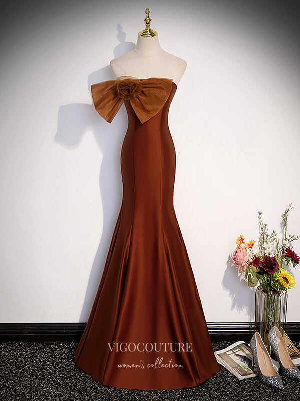 Brown Rose Bow Strapless Prom Dresses Satin Mermaid Formal Gown 24426 Custom Colors / US2 Brown Rose Bow Strapless Prom Dresses Satin Mermaid Formal Gown 24426 Custom Colors / US2