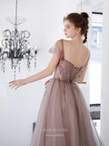 Prom Dress 2025 Brown Sparkly Tulle Prom Dresses Cap Sleeve Square Neck Evening Dress 20226-unique elegant Prom Dresses-Blush-US2-vigocouture