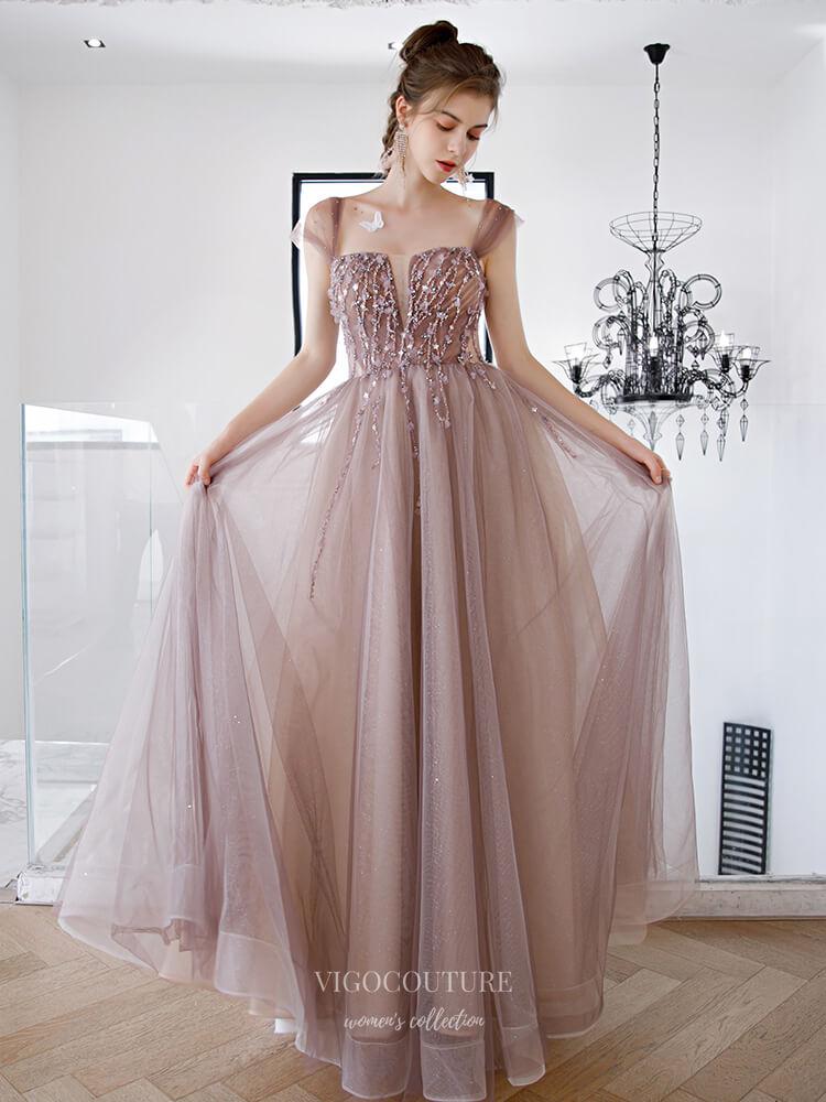 Prom Dress 2025 Brown Sparkly Tulle Prom Dresses Cap Sleeve Square Neck Evening Dress 20226-unique elegant Prom Dresses-Blush-US2-vigocouture