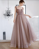 Prom Dress 2025 Brown Sparkly Tulle Prom Dresses Cap Sleeve Square Neck Evening Dress 20226-unique elegant Prom Dresses-Blush-US2-vigocouture