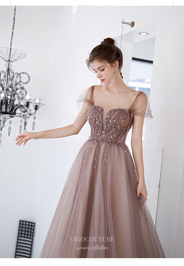 Prom Dress 2025 Brown Sparkly Tulle Prom Dresses Cap Sleeve Square Neck Evening Dress 20226-unique elegant Prom Dresses-Blush-US2-vigocouture