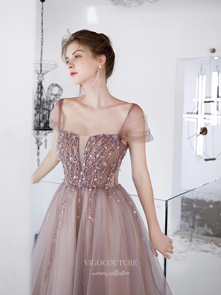 Prom Dress 2025 Brown Sparkly Tulle Prom Dresses Cap Sleeve Square Neck Evening Dress 20226-unique elegant Prom Dresses-Blush-US2-vigocouture