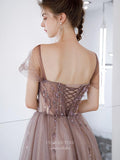 Prom Dress 2025 Brown Sparkly Tulle Prom Dresses Cap Sleeve Square Neck Evening Dress 20226-unique elegant Prom Dresses-Blush-US2-vigocouture