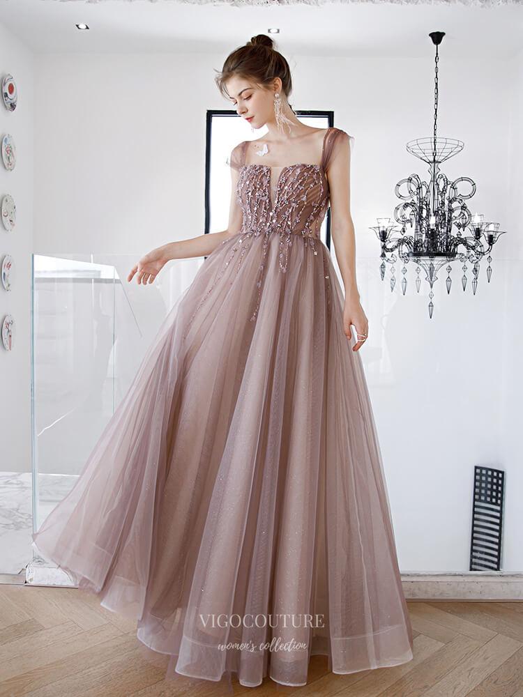 Prom Dress 2025 Brown Sparkly Tulle Prom Dresses Cap Sleeve Square Neck Evening Dress 20226-unique elegant Prom Dresses-Blush-US2-vigocouture