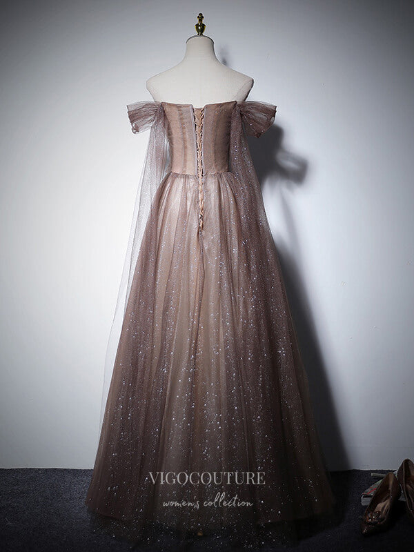 Brown Sparkly Tulle Prom Dresses Off the Shoulder Formal Dresses 21061 – vigocouture