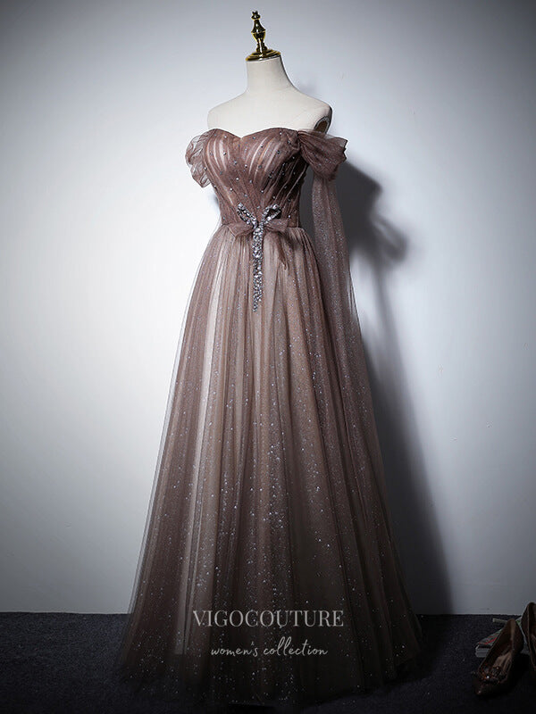 Brown Sparkly Tulle Prom Dresses Off the Shoulder Formal Dresses 21061 vigocouture Brown Sparkly Tulle Prom Dresses Off the Shoulder Formal Dresses 21061 vigocouture