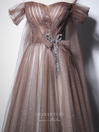 Prom Dress 2025 Brown Sparkly Tulle Prom Dresses Off the Shoulder Formal Dresses 21061-unique elegant Prom Dresses-Brown-Custom Size-vigocouture