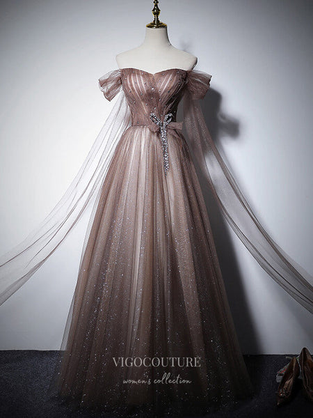 sparkly brown prom dress Brown Sparkly Tulle Prom Dresses Off the Shoulder Formal Dresses 21061 –  vigocouture