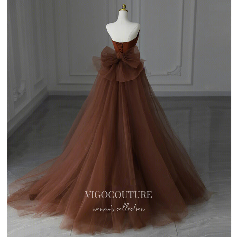Brown Strapless Mermaid Prom Dresses with Tulle Bow-Tie Train - 22053 vigocouture Brown Strapless Mermaid Prom Dresses with Tulle Bow-Tie Train - 22053 vigocouture