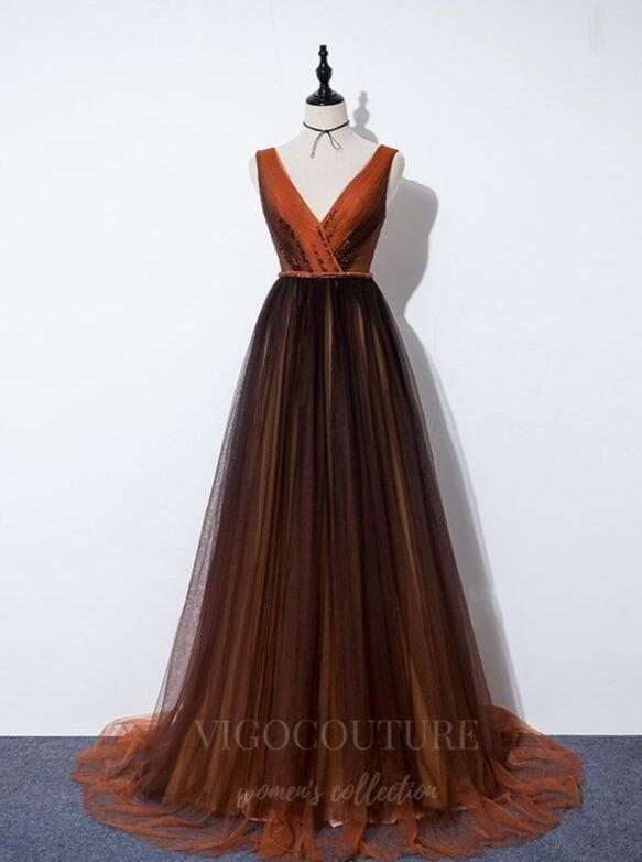 Prom Dress 2025 Brown V-Neck Prom Dress 20636-unique elegant Prom Dresses-Brown-US2-vigocouture