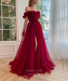 Prom Dress 2025 Burgundy 3D Flower Prom Dresses with Slit Off the Shoulder Floral Formal Dress with Pockets 24495-unique elegant Prom Dresses-Burgundy-Custom Size-vigocouture