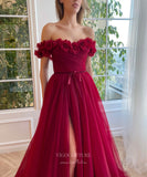 Prom Dress 2025 Burgundy 3D Flower Prom Dresses with Slit Off the Shoulder Floral Formal Dress with Pockets 24495-unique elegant Prom Dresses-Burgundy-Custom Size-vigocouture