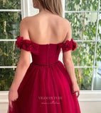 Prom Dress 2025 Burgundy 3D Flower Prom Dresses with Slit Off the Shoulder Floral Formal Dress with Pockets 24495-unique elegant Prom Dresses-Burgundy-Custom Size-vigocouture