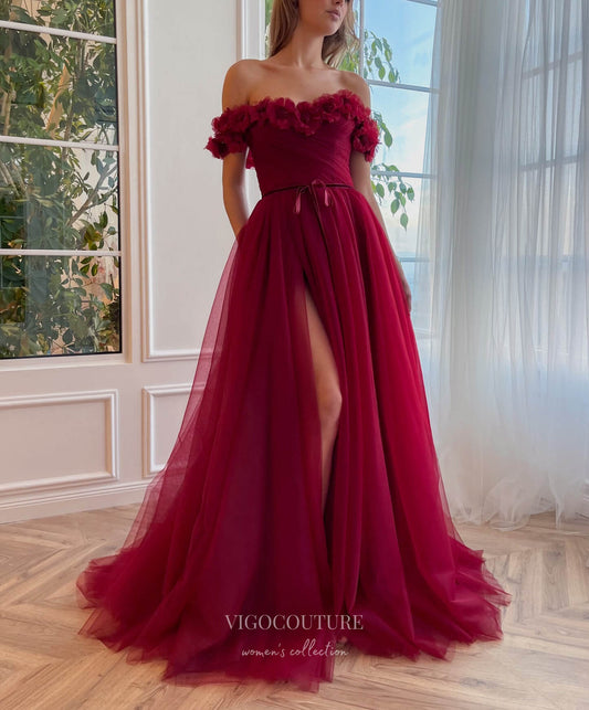 Prom Dress 2025 Burgundy 3D Flower Prom Dresses with Slit Off the Shoulder Floral Formal Dress with Pockets 24495-unique elegant Prom Dresses-Burgundy-Custom Size-vigocouture