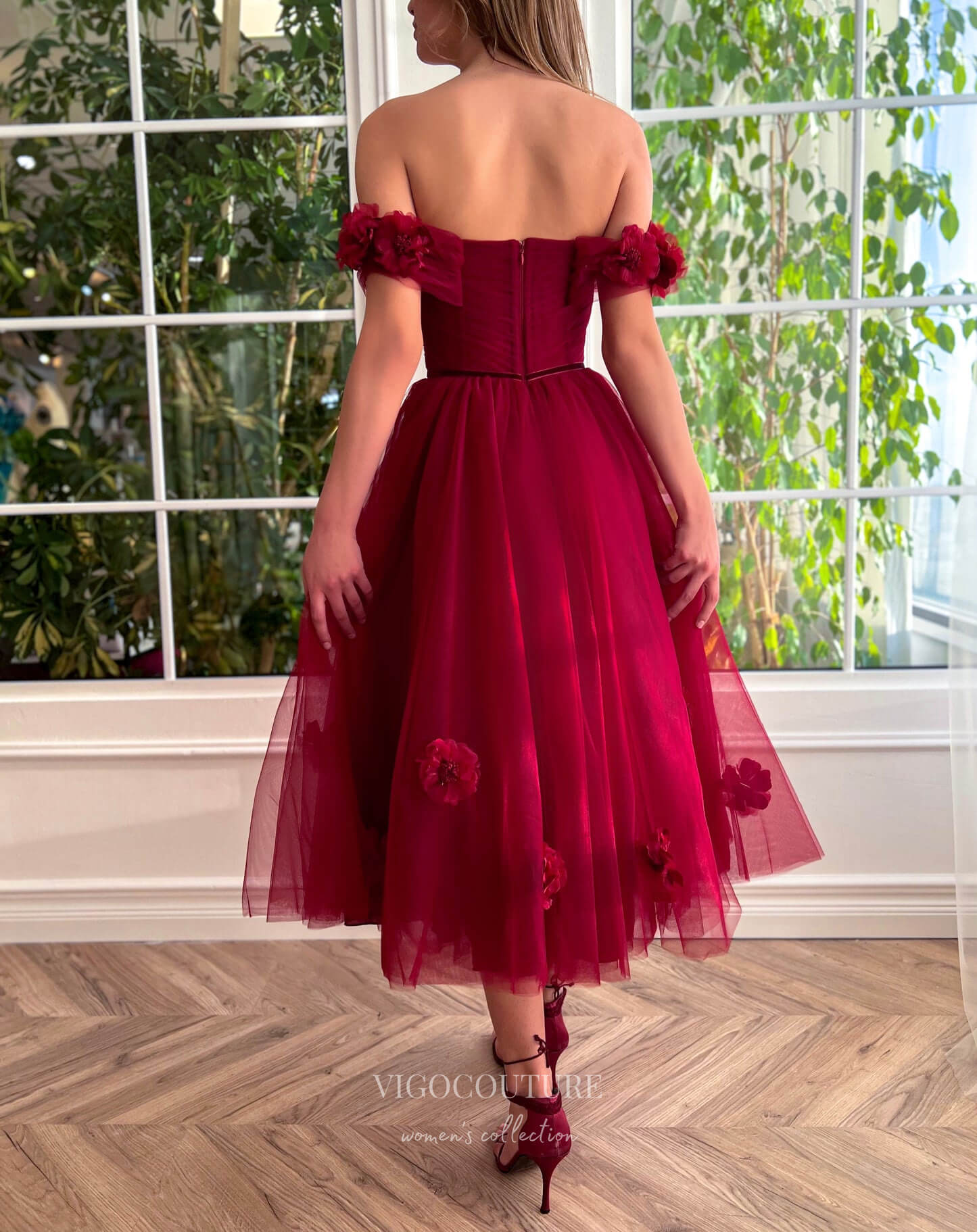 Prom Dress 2025 Burgundy 3D Flower Prom Dresses with Slit Off the Shoulder Floral Maxi Dress 24494-unique elegant Prom Dresses-Burgundy-Custom Size-vigocouture