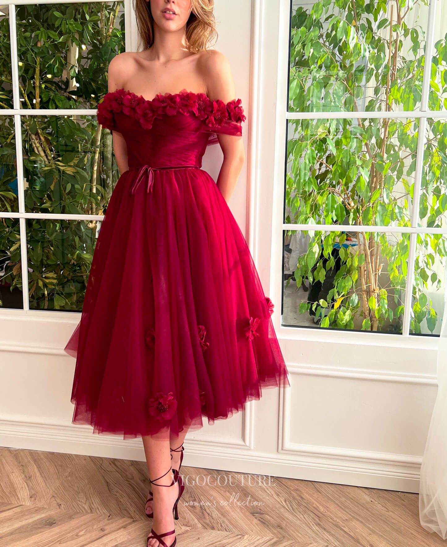 Prom Dress 2025 Burgundy 3D Flower Prom Dresses with Slit Off the Shoulder Floral Maxi Dress 24494-unique elegant Prom Dresses-Burgundy-Custom Size-vigocouture