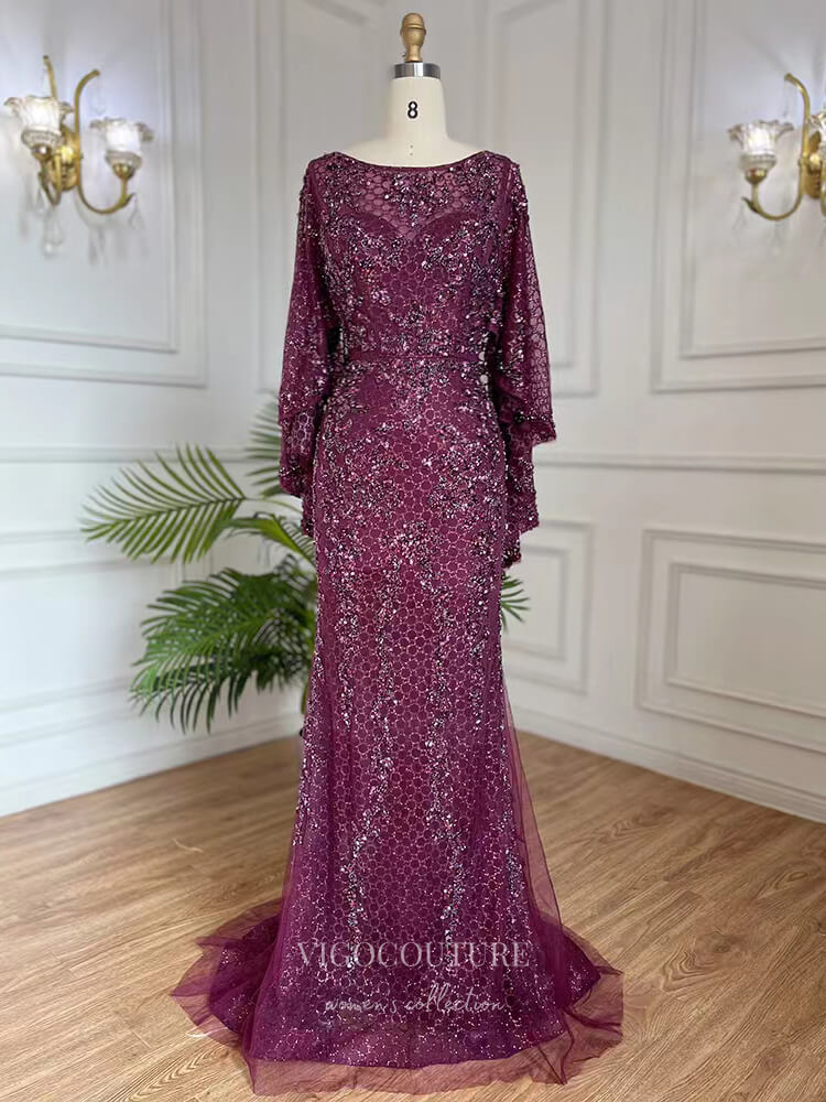 Prom Dress 2025 Burgundy Beaded 20s Prom Dresses Long Sleeve Mother of the Bride Dress 22138-unique elegant Prom Dresses-Burgundy-US2-vigocouture