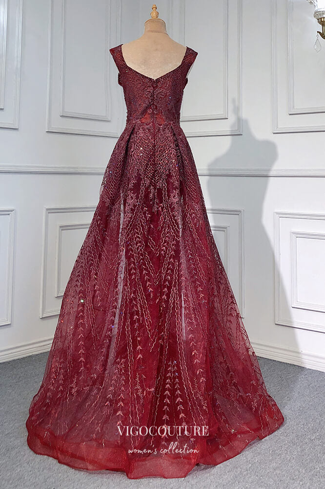 Burgundy Beaded Formal Dresses V-Neck A-Line Prom Dress 21624 vigocouture Burgundy Beaded Formal Dresses V-Neck A-Line Prom Dress 21624 vigocouture