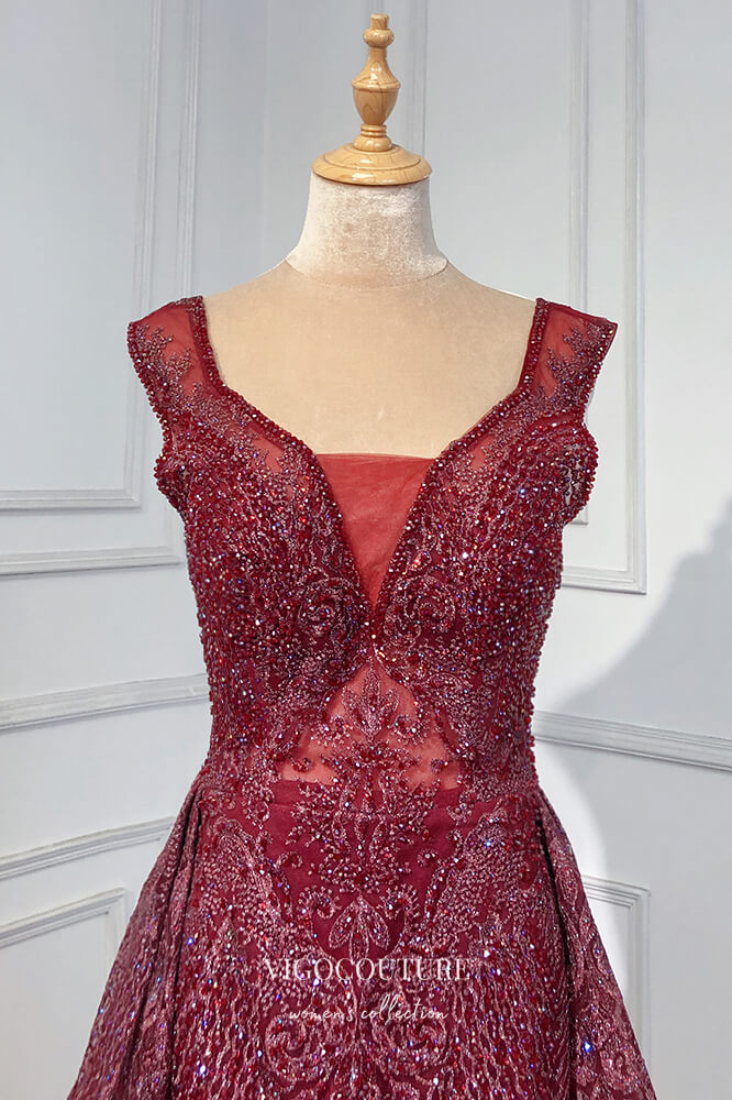 Prom Dress 2025 Burgundy Beaded Formal Dresses V-Neck A-Line Prom Dress 21624-unique elegant Prom Dresses-Burgundy-US2-vigocouture