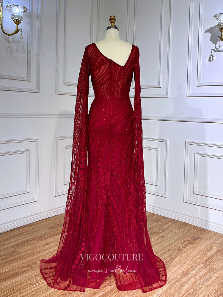 Burgundy Beaded Lace Prom Dresses Extra Long Sleeve Sheath Evening Gow vigocouture Burgundy Beaded Lace Prom Dresses Extra Long Sleeve Sheath Evening Gow vigocouture